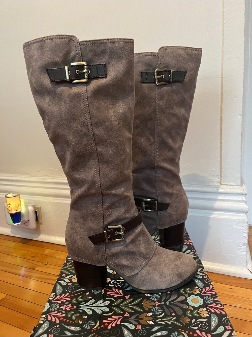 Fergalicious Taupe Suede Mid-Heel Knee Boots with Buckle Accents